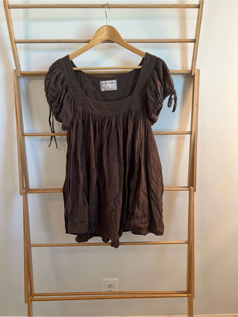 Free People Brown Peasant Blouse with Puff Sleeves